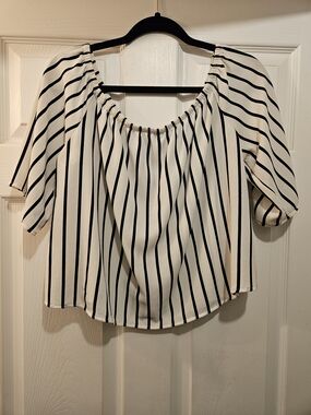 Ambiance White Off-Shoulder Blouse with Black Stripes